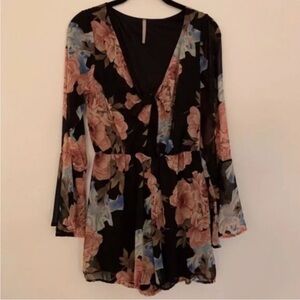 Black Floral Nasty Gal Bell Long Sleeve Front Tie Romper [Small]